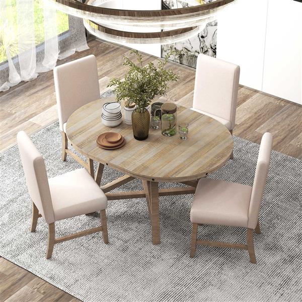 5-Piece Retro Functional Dining Set with Extendable Round Table with Removable Middle Leaf and 4 Upholstered Chairs for Dining Room and Living Room (Natural Wood Wash)