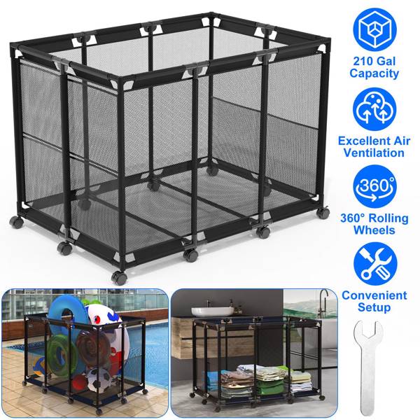 48.4x30.1x33.3in Pool Storage Bin,  210 Gallon for holding swimming equipment，Holder for Noodles, Toys, Floats, Towels, Mesh Organizer for Swimming Equipments with Lockable Wheels