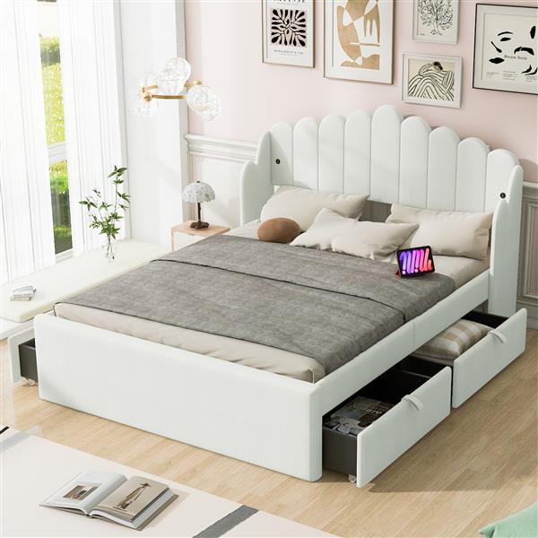 Full Size Upholstered Platform Bed with 4 Drawers and 2 USB, Beige