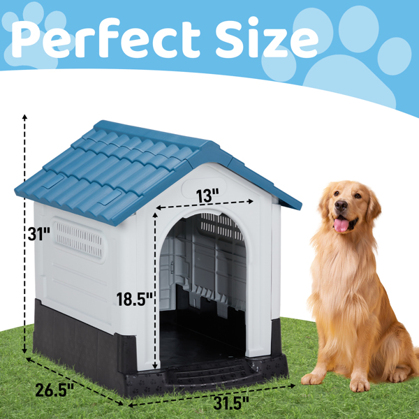 33 inch Large Plastic Dog House, Indoor Outdoor Doghouse Pet House with Air Vents and Elevated Floor, Insulated Water Resistant Puppy Shelter Kennel, Blue & White