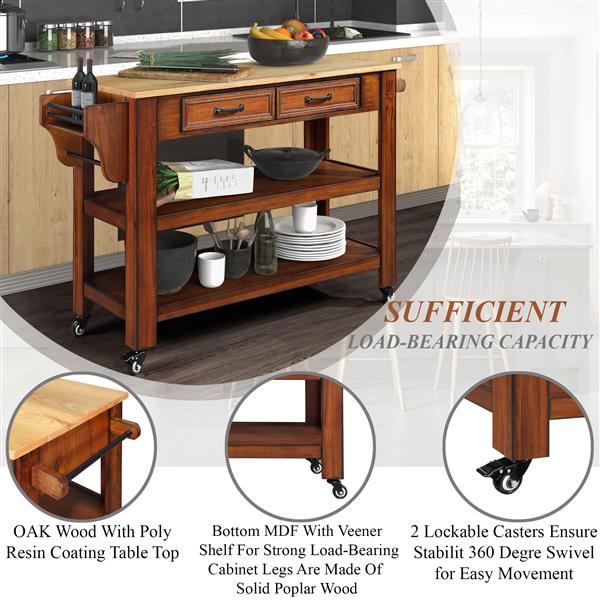 57 inch Rolling Kitchen Island with Storage,Kitchen Cart with Solid OAK Wood Top,Two-sided Kitchen island Cart on Wheels ,Wine and Spice Rack, Large Kitchen Cart with 2 Drawers, Walnut+Natural Top