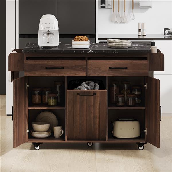 Kitchen Island with Trash Can Storage Cabinet, Kitchen Cart with Drop Leaf, Spice Rack, Towel Rack and Drawer, Rolling Kitchen Island on Wheels with Adjustable Shelf, Walnut Brown