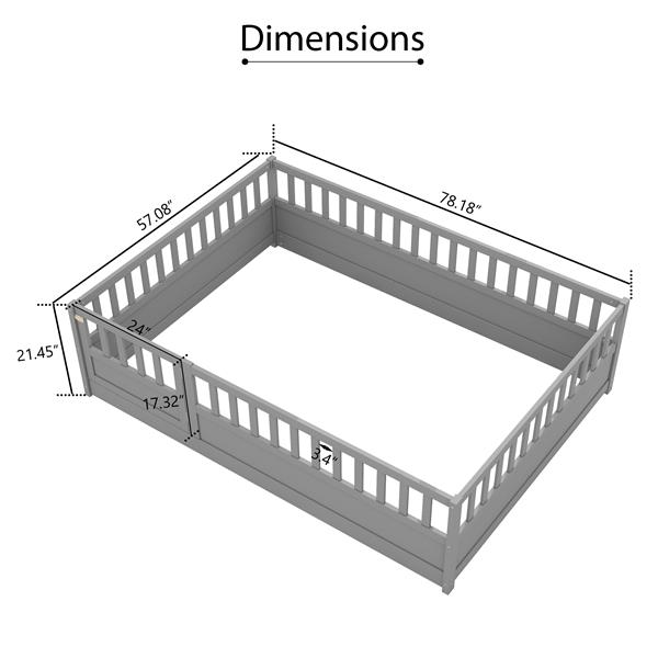 Full size  Floor bed, integral construction with super high security barrier, door, children's floor bed frame, Montessori wooden children's floor bed,  Grey