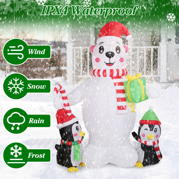 5.9FT Christmas Inflatable Outdoor Decoration Polar Bear Gift Box Penguin Blow Up Yard Decoration with LED Light Built-in Air Blower for Winter Holiday Xmas Garden