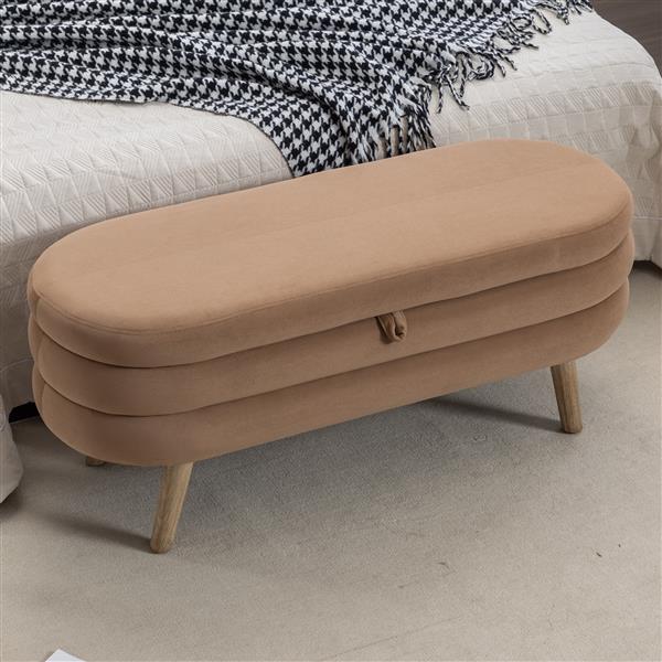 036-Velvet Fabric Storage Bench Bedroom Bench With Wood Legs For Living Room Bedroom Indoor,Coffee