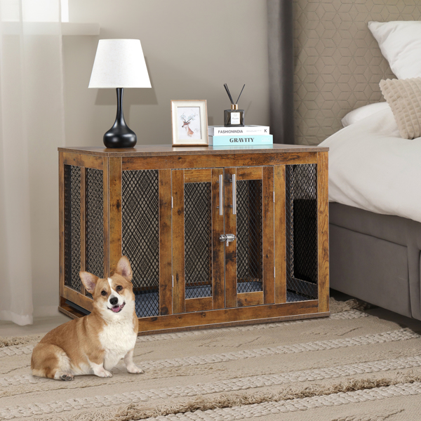 Furniture Dog Crate with Tray for Medium Dogs, Indoor Aesthetic Puppy Kennel Pet House Dog Cage with Door, Modern Decorative Wood Pretty Cute Fancy End Side Table Nightstand, Rustic Brown