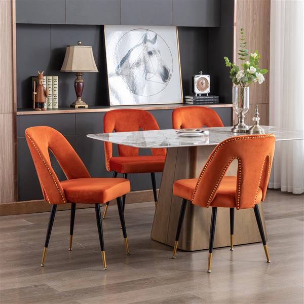 Furniture, Collection Modern | Contemporary Velvet Upholstered Dining Chair with Nailheads and ld Tipped Black Metal Legs, Orange，Set of 2