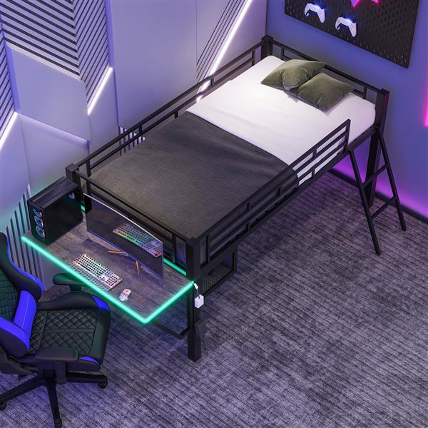 Gaming mid loft bed with desk, LED, Twin, Black