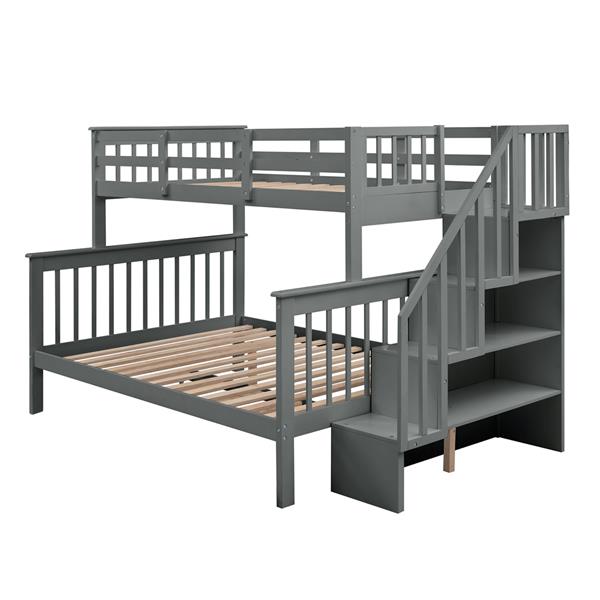 Stairway Twin-Over-Full Bunk Bed with Storage and Guard Rail for Bedroom, Gray color