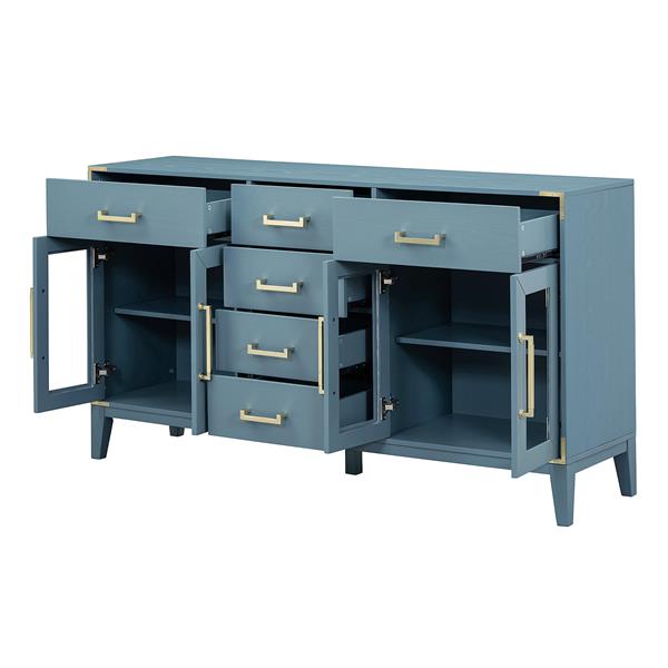 6-drawer and 2-Cabinet Retro Sideboard with Extra Large Storage Space, with ld Handles and Solid Wood Legs, for Kitchen and Living Room (Antique Blue)