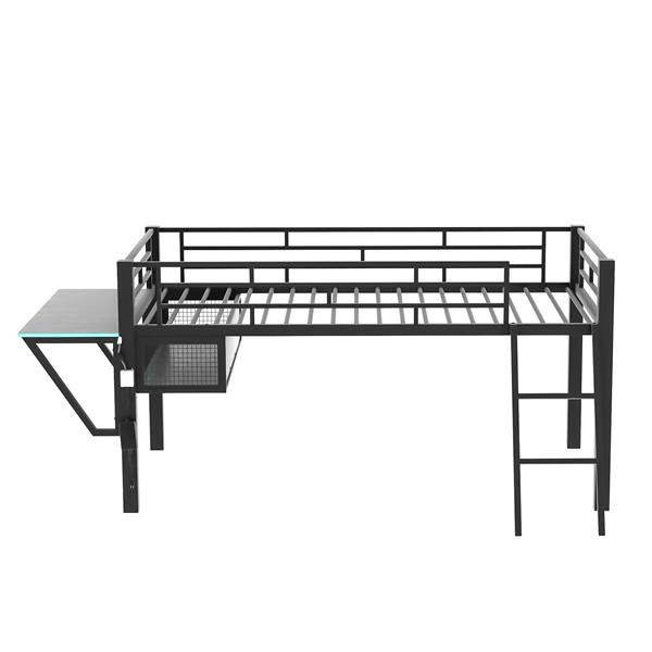 Gaming mid loft bed with desk, LED, Twin, Black