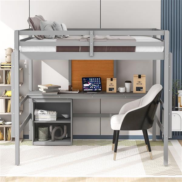 Full size Loft Bed with Desk and Writing Board, Wooden Loft Bed with Desk & 2 Drawers Cabinet- Gray