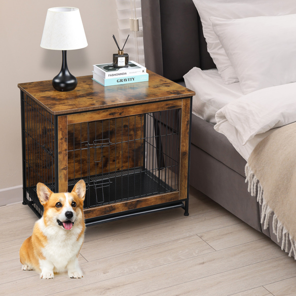 Dog Crate Furniture with Cushion, Wooden Dog Crate Table, Double Doors Dog Furniture, Indoor Dog Kennel, Dog House, Dog Cage, Rustic Brown