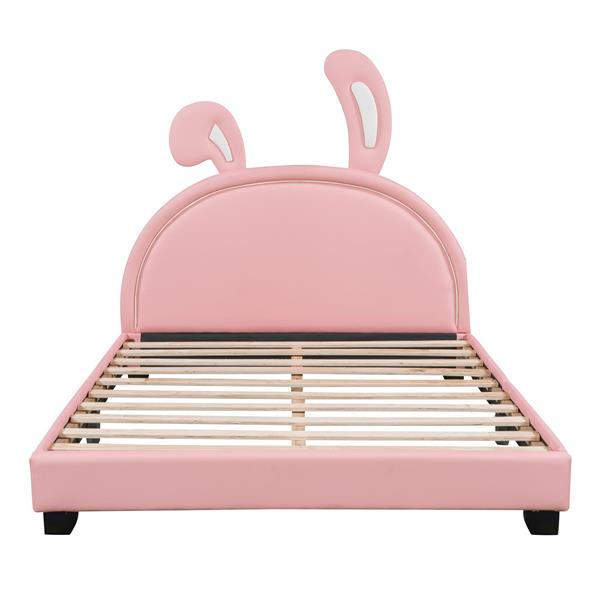 Full Size Upholstered Leather Platform Bed with Rabbit Ornament, Pink