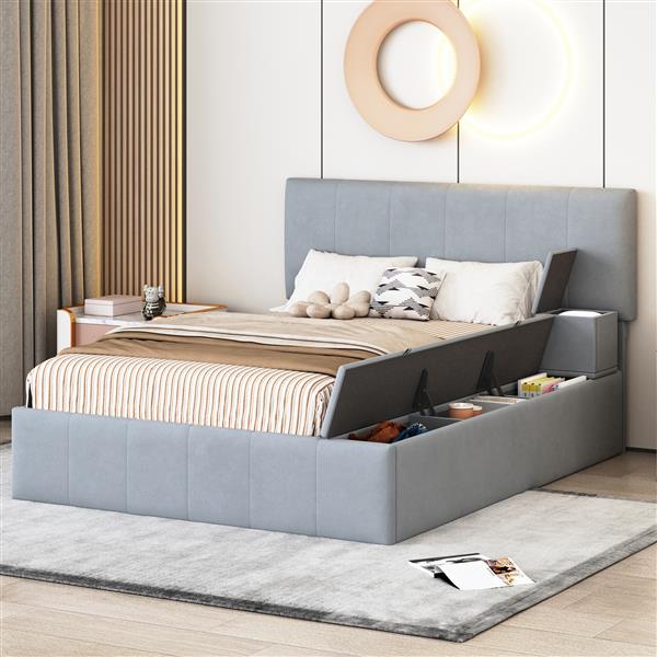 Full Size Upholstered Platform Bed with Lateral Storage Compartments and Thick Fabric, Velvet, Gray