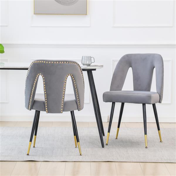 Furniture, Collection Modern | Contemporary Velvet Upholstered Dining Chair with Nailheads and ld Tipped Black Metal Legs, Gray，Set of 2