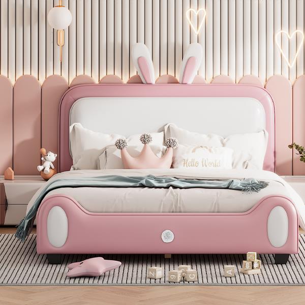 Full size Upholstered Rabbit-Shape Princess Bed ,Full Size Platform Bed with Headboard and Footboard,White+Pink