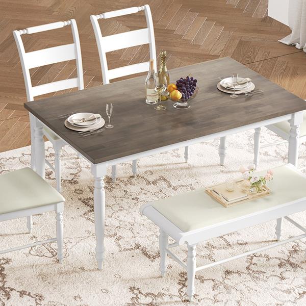 6-peice Dining Set with Turned Legs, Kitchen Table Set with Upholstered Dining Chairs and Bench,Retro Style, White