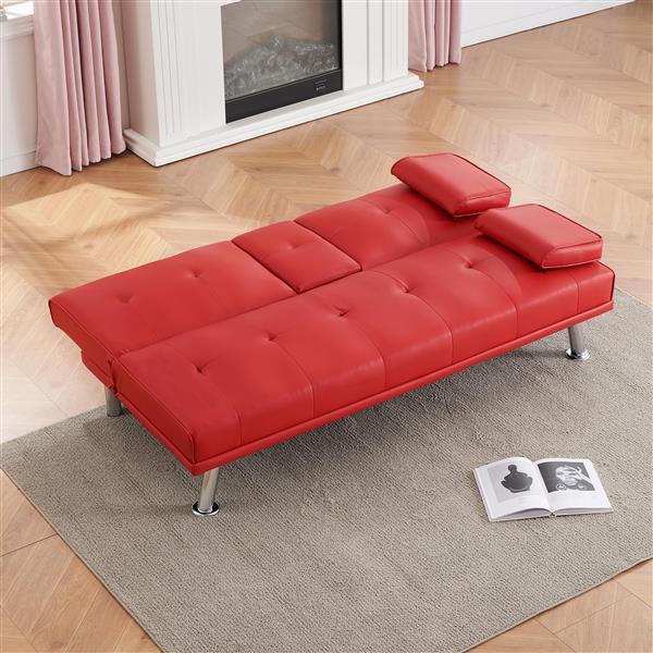 67" Red Leather Multifunctional Double Folding Sofa Bed for Office with Coffee Table