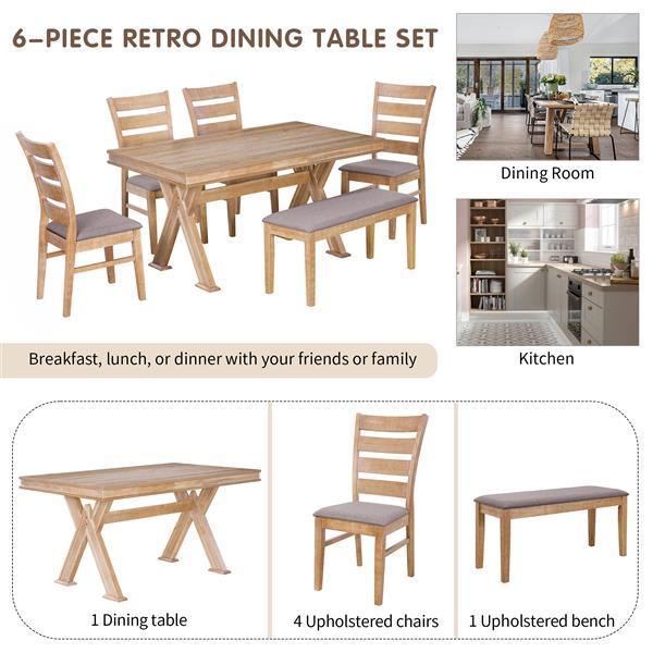 6-Piece Retro 59"L Rectangular Dining Table Set, Table with Unique Legs and 4 Upholstered Chairs & 1 Bench for Dining Room and Kitchen (Natural Wood Wash)