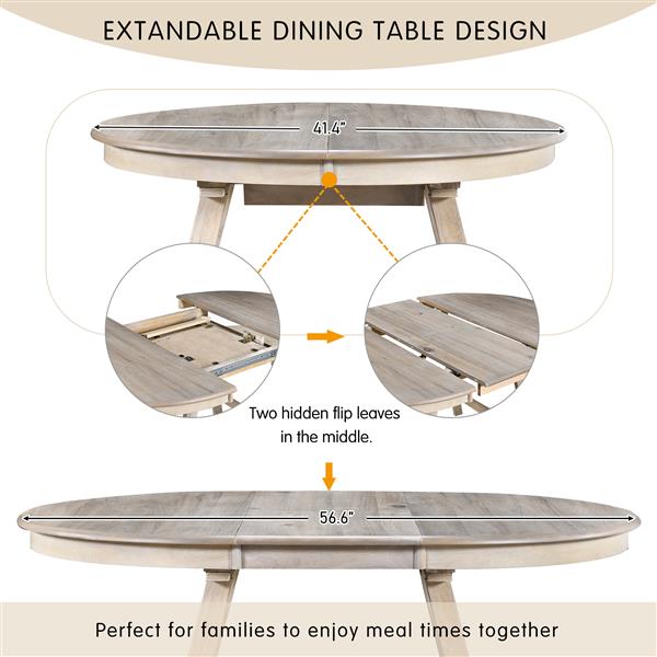 5-Piece Wood Dining Table Set Round Extendable Dining Table with 4 Dining Chairs, Dining Room Table Set for 4 person for Dining Room (Natural Wood Wash)