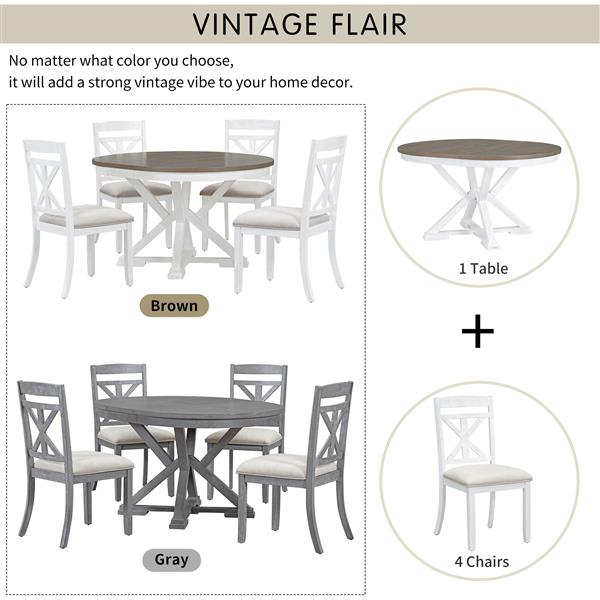 5-Piece Retro Functional Dining Table Set Extendable Round Table and 4 Upholstered Chairs for Dining Room and Living Room (Brown+Antique White)