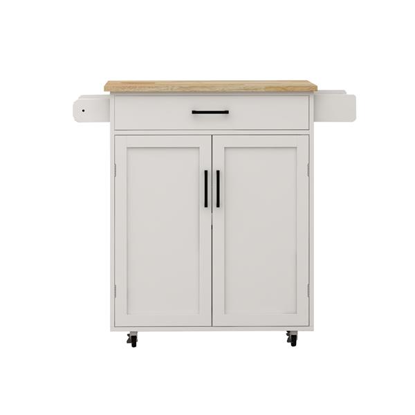 Kitchen island rolling trolley cart with 1 drawer & 2 doors with storage racks & Adjustable Shelves & towel rack & seasoning rack rubber wood table top-White