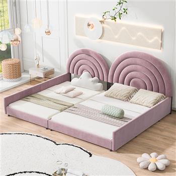 Twin+Full Upholstered Platform Bed Set with Semicircular Headboard, Pink