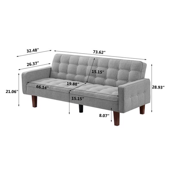 Grey, Linen Futon Sofa Bed 73.62 Inch Fabric Upholstered Convertible Sofa Bed, Minimalist Style for Living Room, Bedroom.