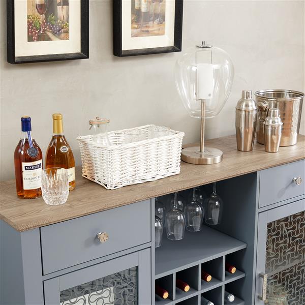 Modern Farmhouse Buffet Cabinet, Sideboard with 2 Drawers and Elegant Glass Door Cabinets, Wine and Glass Rack, Coffee Bar for Kitchen, Dining Room, Light Blue and Light Oak, 56.46"W*15.55"D*35.74"H