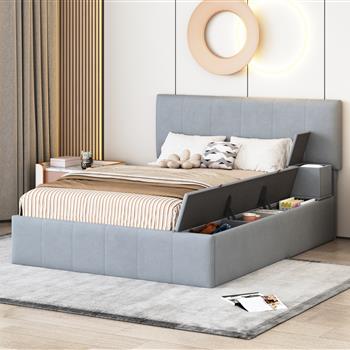 Full Size Upholstered Platform Bed with Lateral Storage Compartments and Thick Fabric, Velvet, Gray