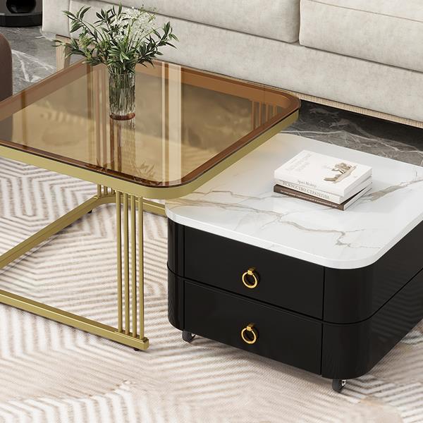 2-in-1 Square Nesting Coffee Table with Wheels & Drawers, Stackable Side Table with High Gloss Marble Grain Top, End Table Set with Brown Tempered Glass for Living Room, Black