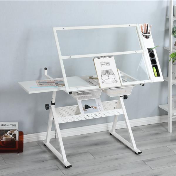 WHITE adjustable tempered glass drafting printing table with chair