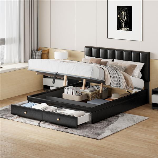 Queen Size Upholstered Bed with Hydraulic Storage System and Drawer, Black