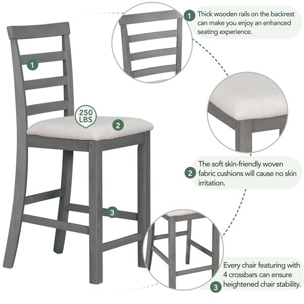 5-Piece Multi-Functional Rubber Wood Counter Height Dining Set with Padded Chairs and Integrated 9 Bar Wine Compartment, Wineglass Holders for Dining Room (Gray)