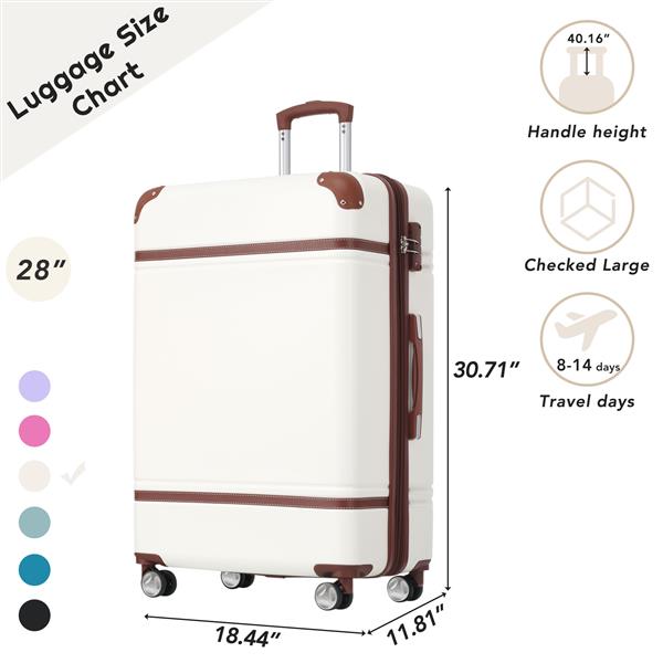 28 IN Luggage 1 Piece with TSA lock , Expandable Lightweight Suitcase Spinner Wheels, Vintage Luggage,White