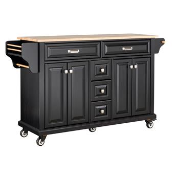 Kitchen Island with Rubber wood Countertop, Kitchen Cart on 5 Wheels with Storage Cabinet and 5 Drawers for Dinning Room, Black