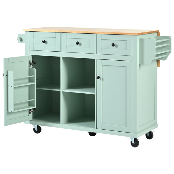 Kitchen Cart with Rubber wood Drop-Leaf Countertop ,Cabinet door internal storage racks,Kitchen Island on 5 Wheels with Storage Cabinet and 3 Drawers for Dinning Room, Mint Green 