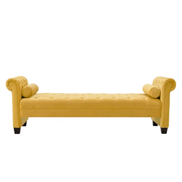 Yellow, Solid Wood Legs Velvet Rectangular Sofa Bench with Attached Cylindrical Pillows 