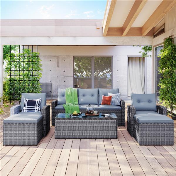 6-piece All-Weather Wicker PE rattan Patio Outdoor Dining Conversation Sectional Set with coffee table, wicker sofas, ottomans,  removable cushions (Dark grey wicker, Light grey cushion)