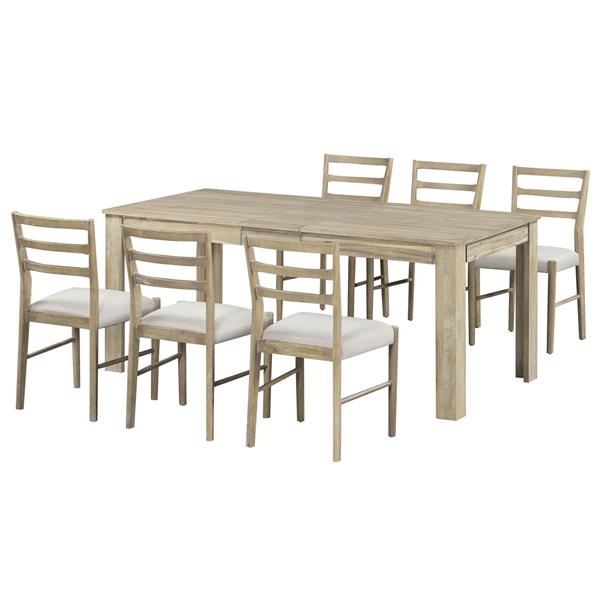 7-Piece Wooden Dining Table Set Mutifunctional Extendable Table with 12" Leaf and 2 Drawers, 6 Dining Chairs with Soft Cushion (Natural Wood Wash)