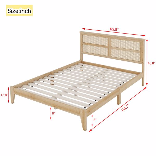 Queen Size Rubber Wooden, Solid Wooden Bed with Rattan Headboard, Enhanced by Support Feet 