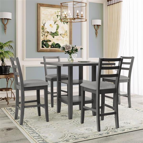 5-Piece Wooden Counter Height Dining Set with Padded Chairs and Storage Shelving (Gray)