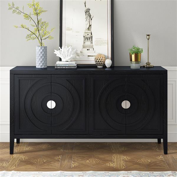 Retro Sideboard door with Circular Groove Design Round Metal Door Handle for Entrance, Dinning Room, Living Room (Black)