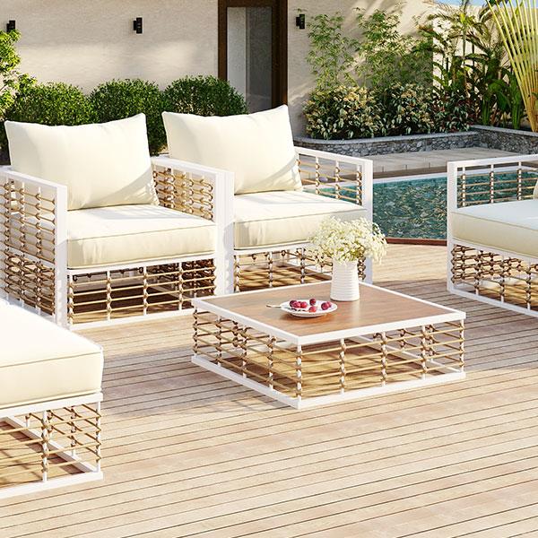 Modern Minimalist 7-Piece Metal Patio Sectional Sofa Set, All-Weather Garden Conversational Furniture Set with Thick Cushions and Coffee Table for Indoor Outdoor, White