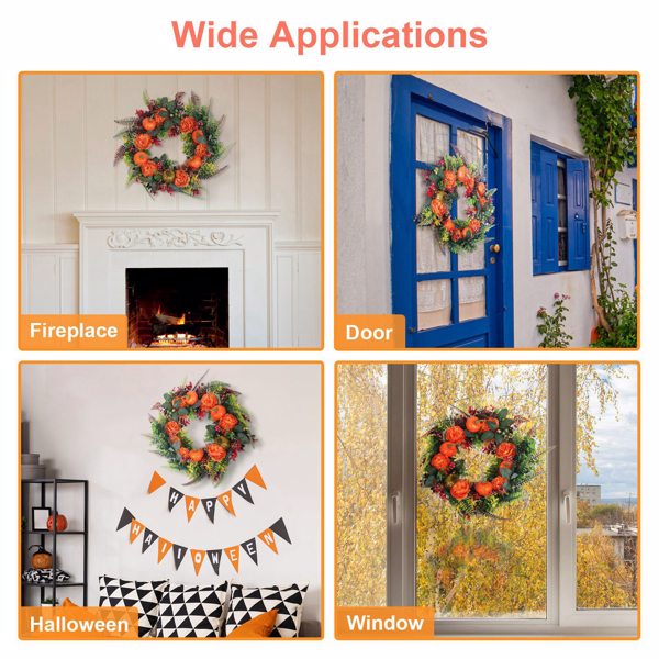 17.71" Autumn Wreath with Pumpkin Mixed Leaves Berries Flowers Fall Decoration for Indoor Outdoor Window Wall Front Door in Halloween Thanks Giving Day