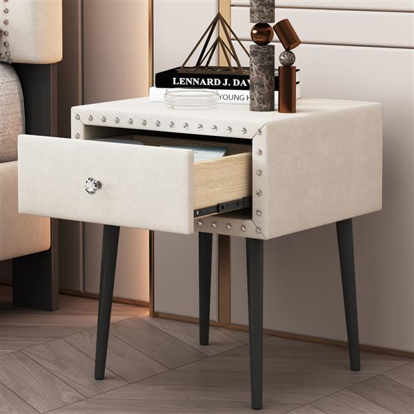 Modern Nightstands Set of 2 with Drawer and Crystal Handle, Elegant Rivet Velvet Design Bedside Table for Bedroom, Beige