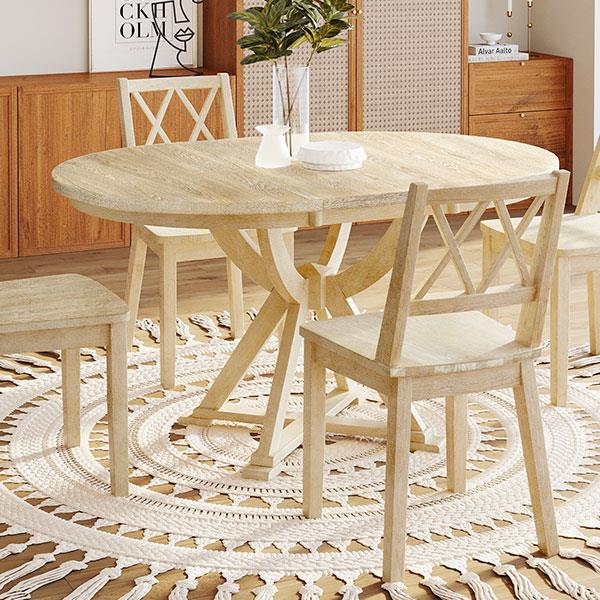 Mid-Century 5-Piece Extendable Round Dining Table Set with 15.7" Removable Leaf and 4 Cross Back Dining Chairs, Natural