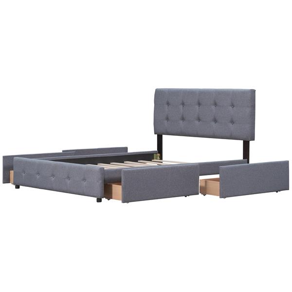 Upholstered Platform Bed with Classic Headboard and 4 Drawers, No Box Spring Needed, Linen Fabric, Queen Size Dark gray