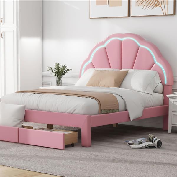 Full Size Upholstered Platform Bed with Seashell Shaped Headboard, LED and 2 Drawers, Pink